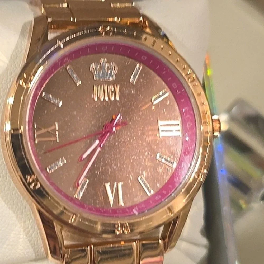 Juicy Couture Black Label Rhinestone Crown Logo Gold Rose Tone Braclet‎ Watch